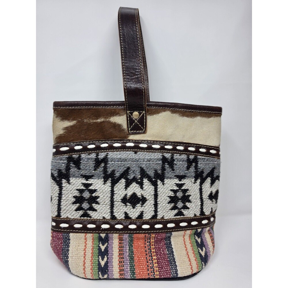 MYRA Bag Wine Tote Bag Holds Two Bottles Cowhide Canvas Leather Strap Aztec Boho